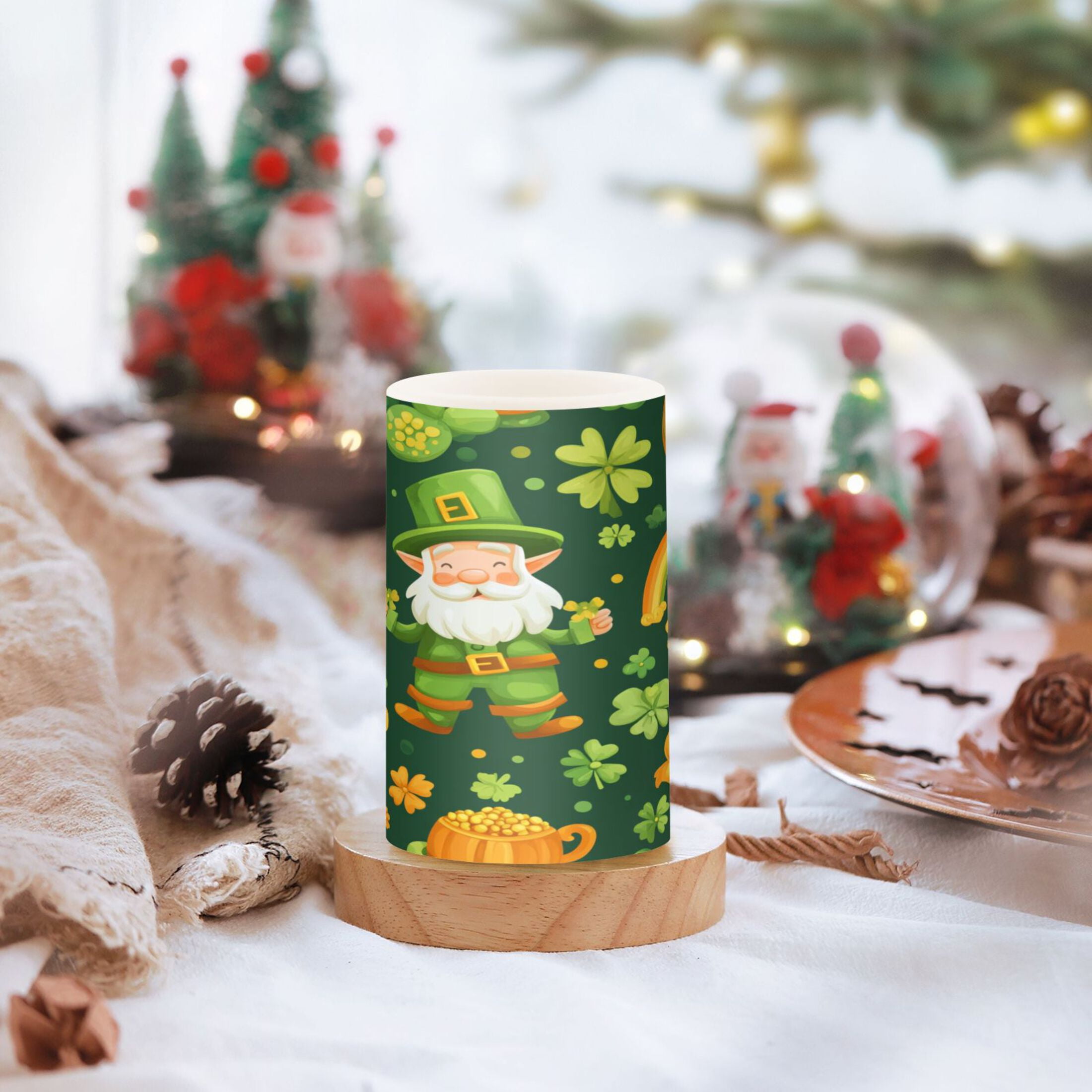 WOBOGO Size Combo Candle Flickering Flameless with Remote Control and Timer for Romantic Atmosphere St Patricks Pattern with Leprechaun and Shamrock