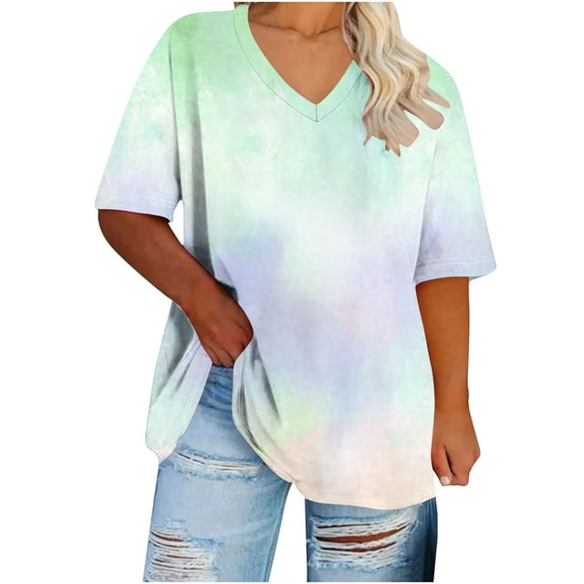 Plebaso Womens Plus Size T Shirts Print V Neck Short Sleeve Loose Tee Tops Casual Summer Blouses Tunic