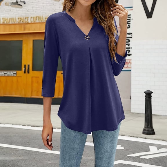 Maoxin Womens 3/4 Sleeve T Shirts Ladies' Casual Solid Color Waist Cinched 3/4 Sleeve V Neck Top/shirt 3/4 Sleeve Tops for Women Navy 2XL