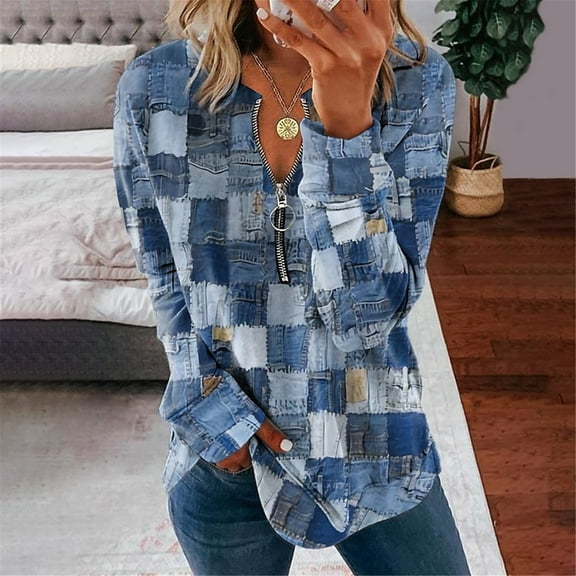 Womens Tops Denim Plaid Printed Zipper Long Sleeve Top Long Sleeve Shirts For Women