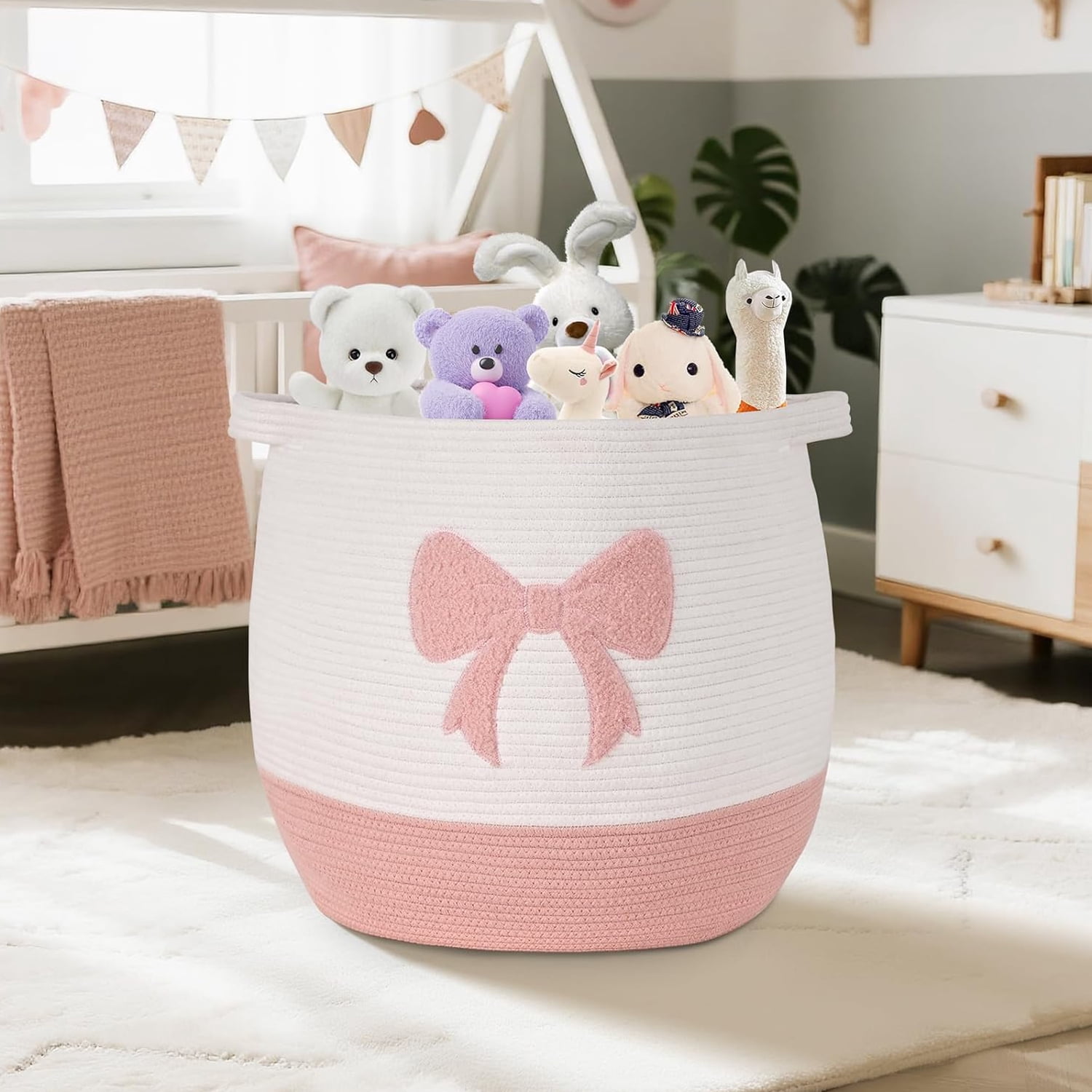 Natubeau Woven Storage Basket for Shelves, Cotton Rope Baskets, Toy and Blanket Storage Baskets for Kids, Pink Bow Round Hamper with Handles, 17"x15.7