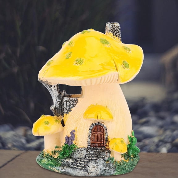 Riousery 5 Inches Yellow Balcony Mushroom House Sculpture Garden Statue for Lawn Patio and Courtyard Decor Outdoor Art Ornament 12.5cm