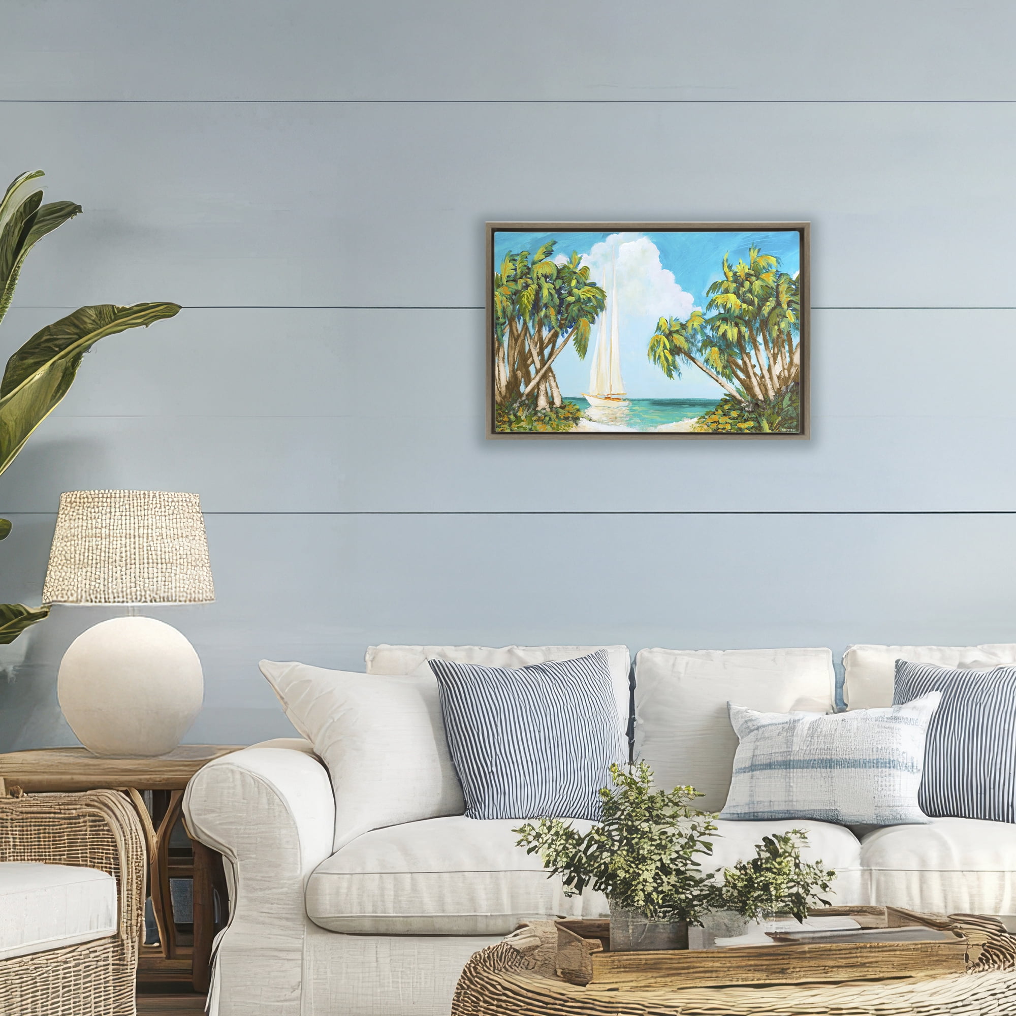 Stupell Industries Sailboat Among Palms Brown Framed Floater Canvas Wall Art, design by Dan Meneely