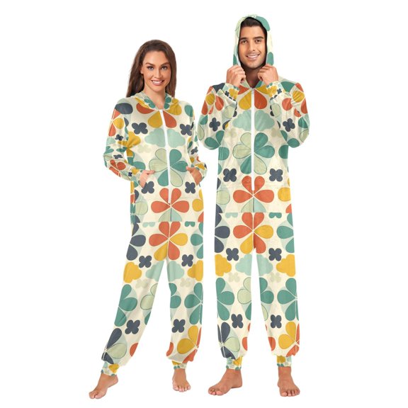 FORMRS Onesies Pajama for Adults Unisex Hoodie Winter Jumpsuit One Piece Sleepwear, Sizes S-2XL, Beige Clover Pattern