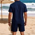 thumbnail image 5 of Men's Beach Clothes 2 Piece Cotton Linen Outfits Sets Casual Short Sleeve Button Down Cuban Guayabera Shirt Yoga Shorts Vacation Suit Summer Big and Tall Size S-3XL Navy, 5 of 6