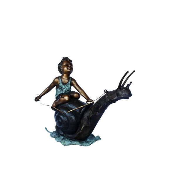 Happy boy riding a snail bronze statue fountain - Size: 42"L x 14"W x 34"H.