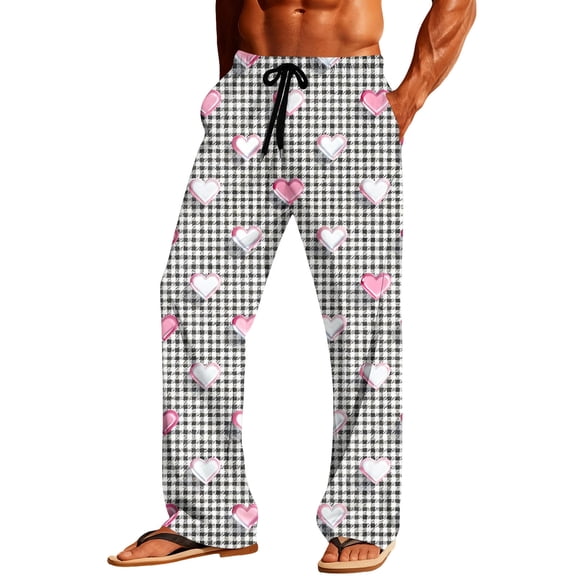 QSAWXQZ Men's Valentine's Plaid Heart Print Pajama Pants Drawstring Elastic Waist Sleepwear Soft Lounge Nightwear Sleepwear with Pockets Gray S