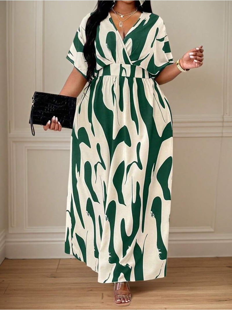 green and cream maxi dress Plus Size Abstract Print Wrap With Batwing Sleeves, Casual Resort Elegant Summer Boden