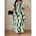 thumbnail image 3 of Plus Size Green And Cream Abstract Print Wrap Maxi Dress With Batwing Sleeves, Casual Resort Elegant Summer, 3 of 3