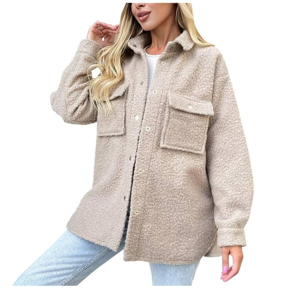 XFLWAM Womens Fall Winter Shacket Sherpa Fleece Jacket Button Down Shirt Jacket Long Sleeve Shacket with Pockets Lapel Coat Beige XL
