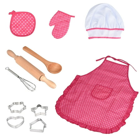 Gpaecead Kids Aprons Chef Costume Set Kitchen Dress up Oven Kids Chef Hat and Apron Set Aprons for Cooking for Cosplay Gardening Pink