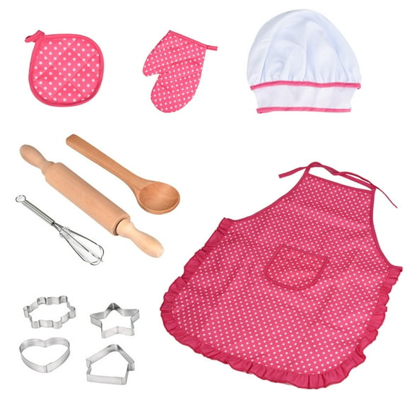 Gpaecead Kids Aprons Chef Costume Set Kitchen Dress up, Oven Kids Chef Hat and Apron Set Aprons for Cooking for Cosplay Gardening, Pink