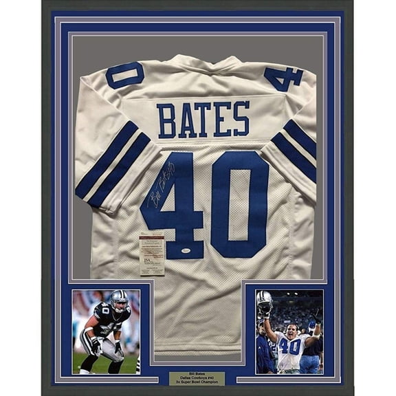 Framed Autographed/Signed Bill Bates 35x39 Dallas Cowboys White Football Jersey JSA COA