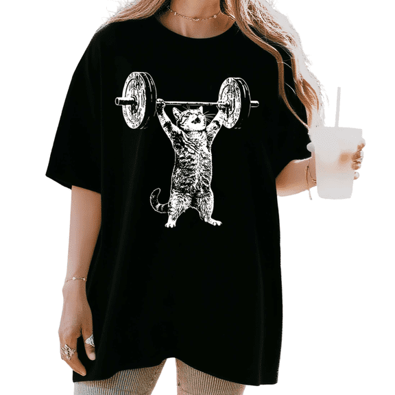 Women's Weightlifting Cat Graphic Casual T Shirt Funny Gym Lover Retro Vintage Workout Short Sleeve Round Neck Top Black S-5XL