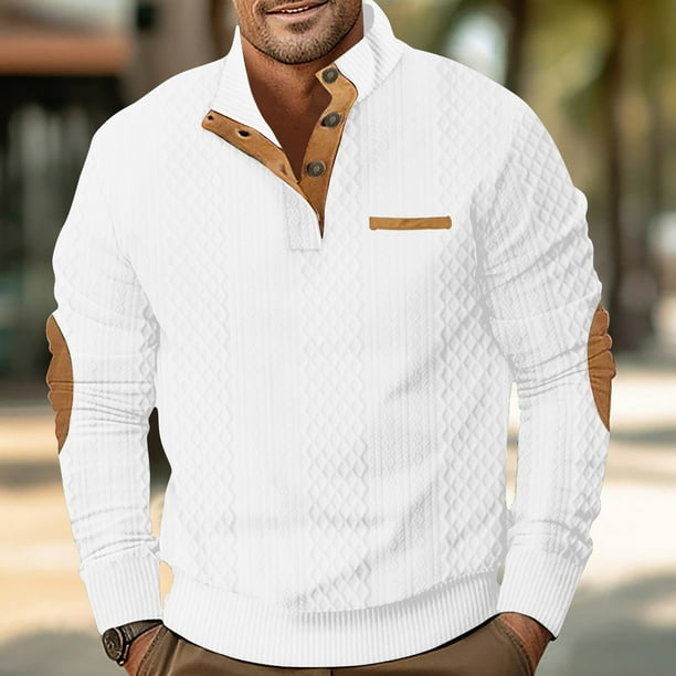 pstuiky hombres de manga larga, Blusa de manga larga con botones y cuello redondo de color liso para hombre salir tops m