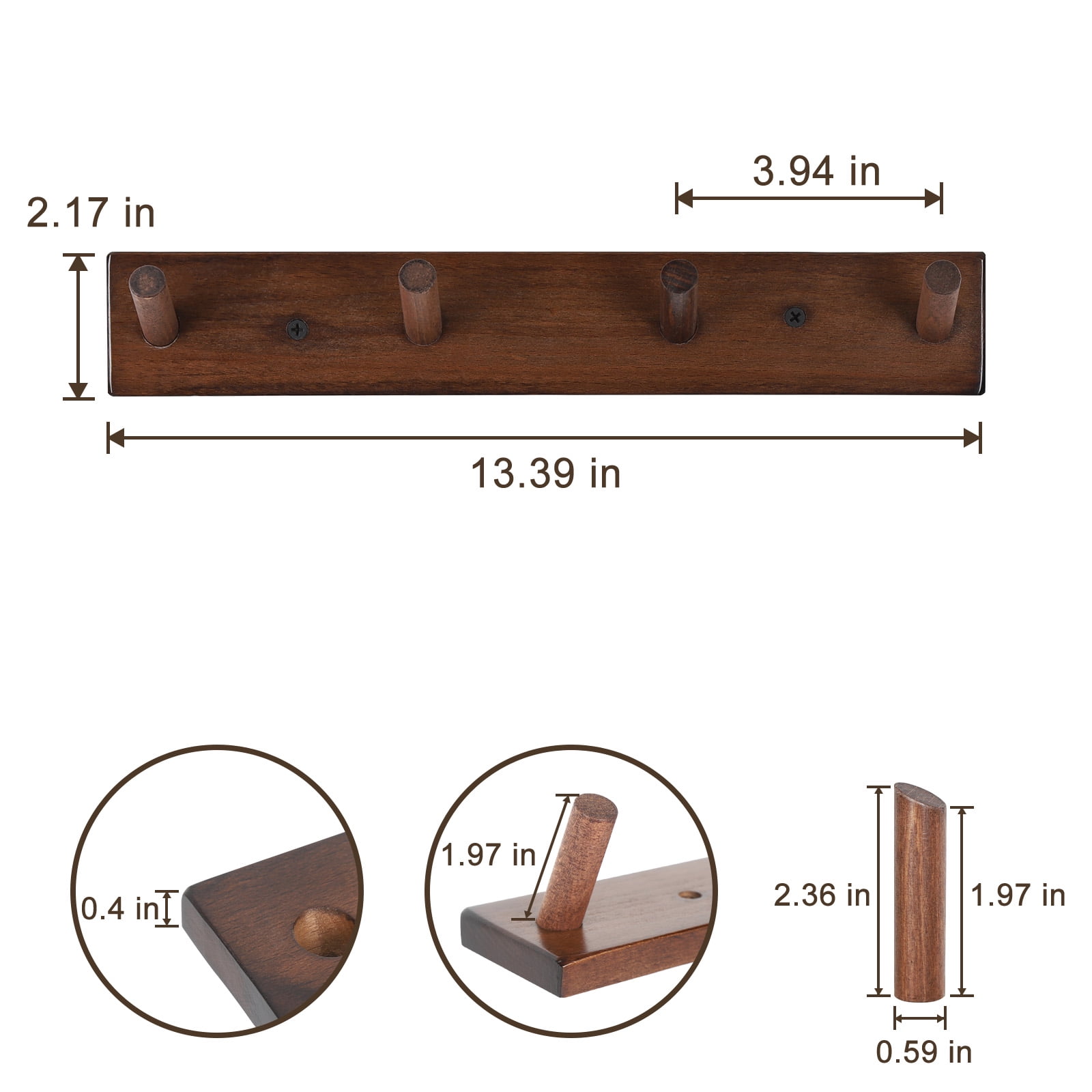 Wall Mounted Wood Coat and Hat Rack, 4 Hooks, Dark Brown