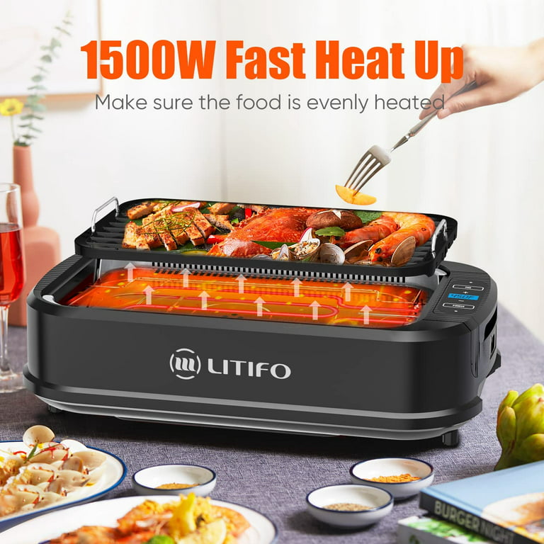 Litifo Smokeless Grill, Portable Electric Grill with Non-Stick Coating,  Removable Dishwasher-Safe Plate, Tempered Glass Lid, Up to 460 