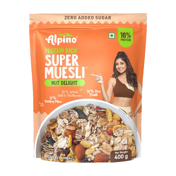 Alpino Super Muesli Nut Delight 400 gm | 69% Whole Grain | 20% Dried Fruits & Nuts | No Sugar | High Protein | Fiber | Cereal | Pouch | Shelf Stable