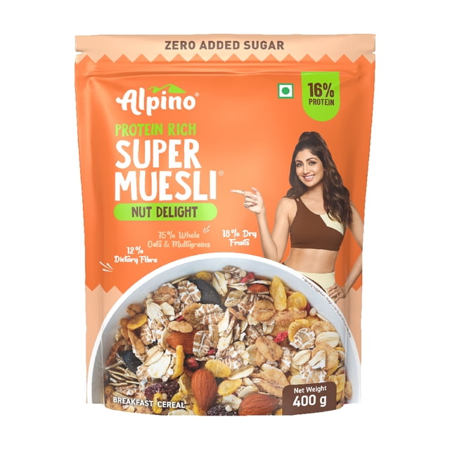 Alpino Super Muesli Nut Delight 400 gm | 69% Whole Grain | 20% Dried Fruits & Nuts | No Sugar | High Protein | Fiber | Cereal | Pouch | Shelf Stable