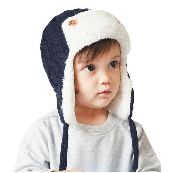 Eltusu Boys Thermal Beanies, Windproof Pompom Thermal Soft Winter Hats Navy Size 0-3 T