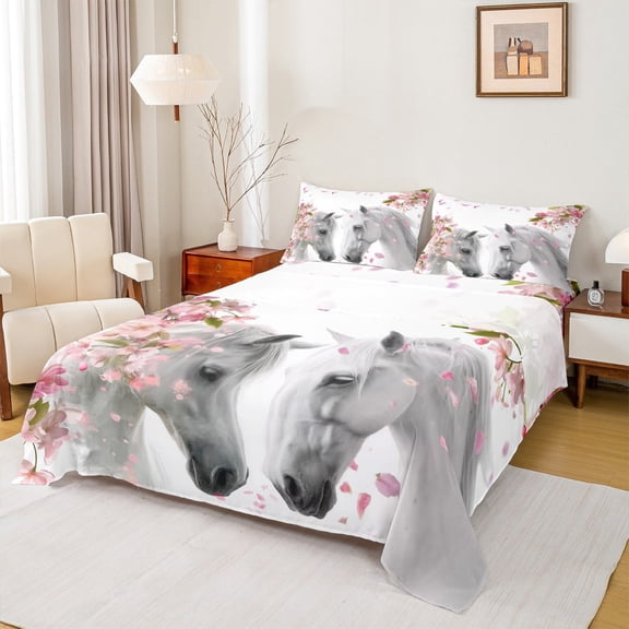 jejeloiu Farm Animal Horse Twin Sheet Sets,Cherry Blossom Twin Fitted Sheet,Pink Flowers Floral Flat Sheet For Girls Kids,Super Cozy Room Decor,3 Pieces