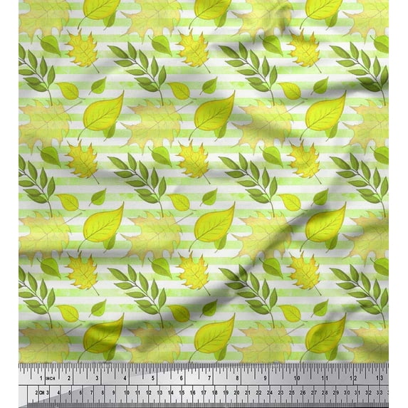 Soimoi Cotton Duck Fabric Stripe & Autumn Leaves Print Fabric by the Yard 42 Inch Wide