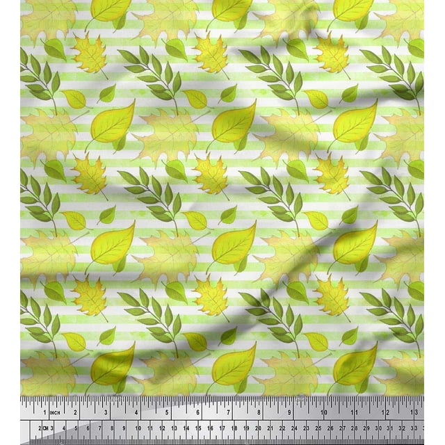 Soimoi Rayon Fabric Stripe & Autumn Leaves Decor Fabric Printed Yard 42 Inch Wide