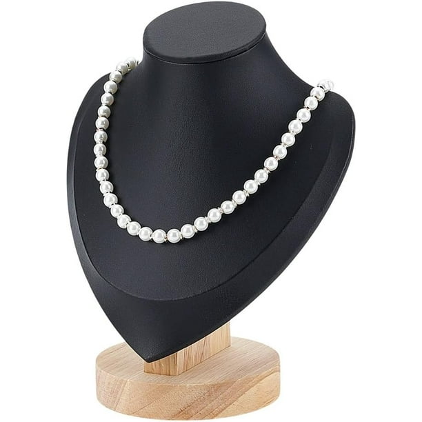 Soporte de exhibición de busto para collares, de cuero sintético negro y madera. Organizador de joyería tipo retrato para guardar collares, colgantes, gargantillas y cadenas.