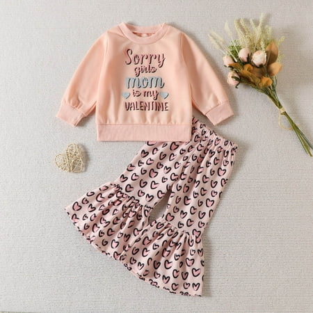 

QIPOPIQ Infant Girl s Clothing Set Clearance Toddler Kids Baby Girls Fashion Cute Long Sleeve Sweet Heart Letter Print Ruffles Flared Pants Suit