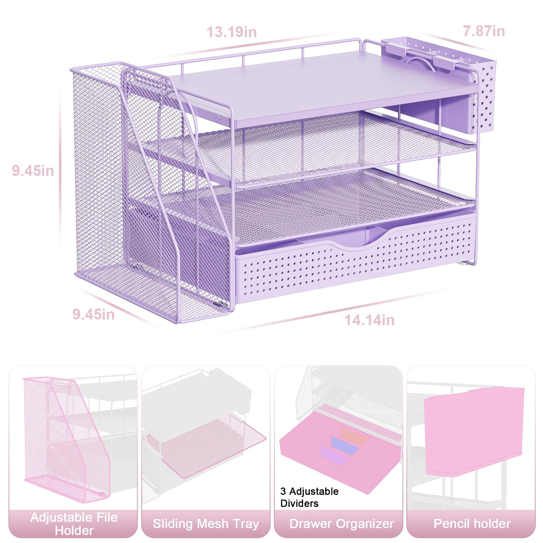 Wood Desk Organizers And Accessories With File Holder  4-tier & Workspace Drawer Pen Paper Organizer For Office Supplies (purple)
