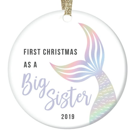 Fun 2019 First Christmas As Big Sister Ornament New Baby Sibling Announcement Keepsake Gift Colorful Rainbow Iridescent Mermaid Tail Sleek Glazed Ceramic 3
