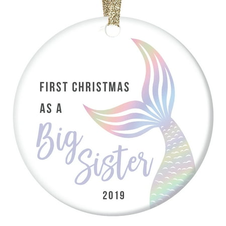 Big Christmas Ornaments Fun 2019 First Christmas As Big Sister Ornament New Baby Sibling Announcement Keepsake Gift Colorful Rainbow Iridescent Mermaid Tail Sleek Glazed Ceramic 3