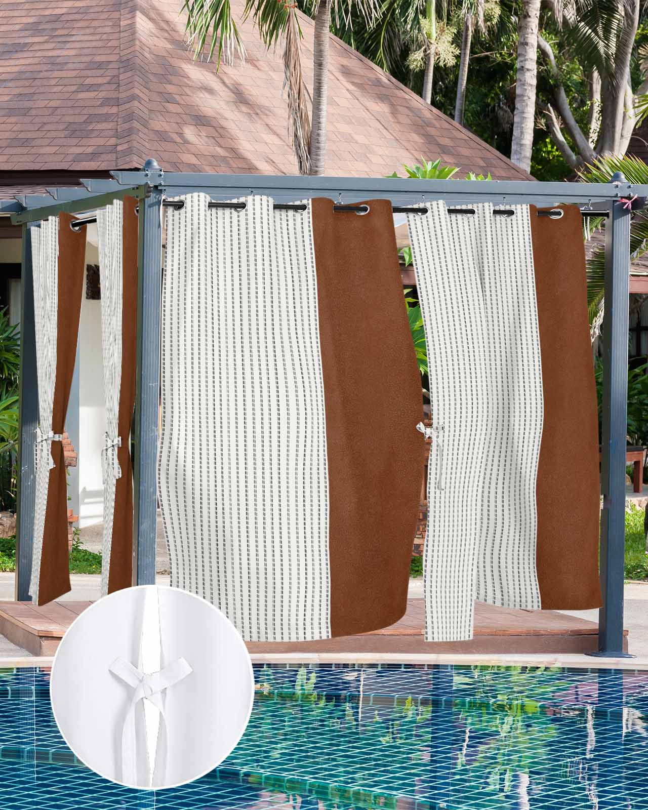 Boho Brown Leather Texture Outdoor Curtains for Patio, Modern Black Striped Privacy Drapes Grommet Waterproof Outside Curtains for Porch/Cabana/Balcony 54"x 95", 2 Panel