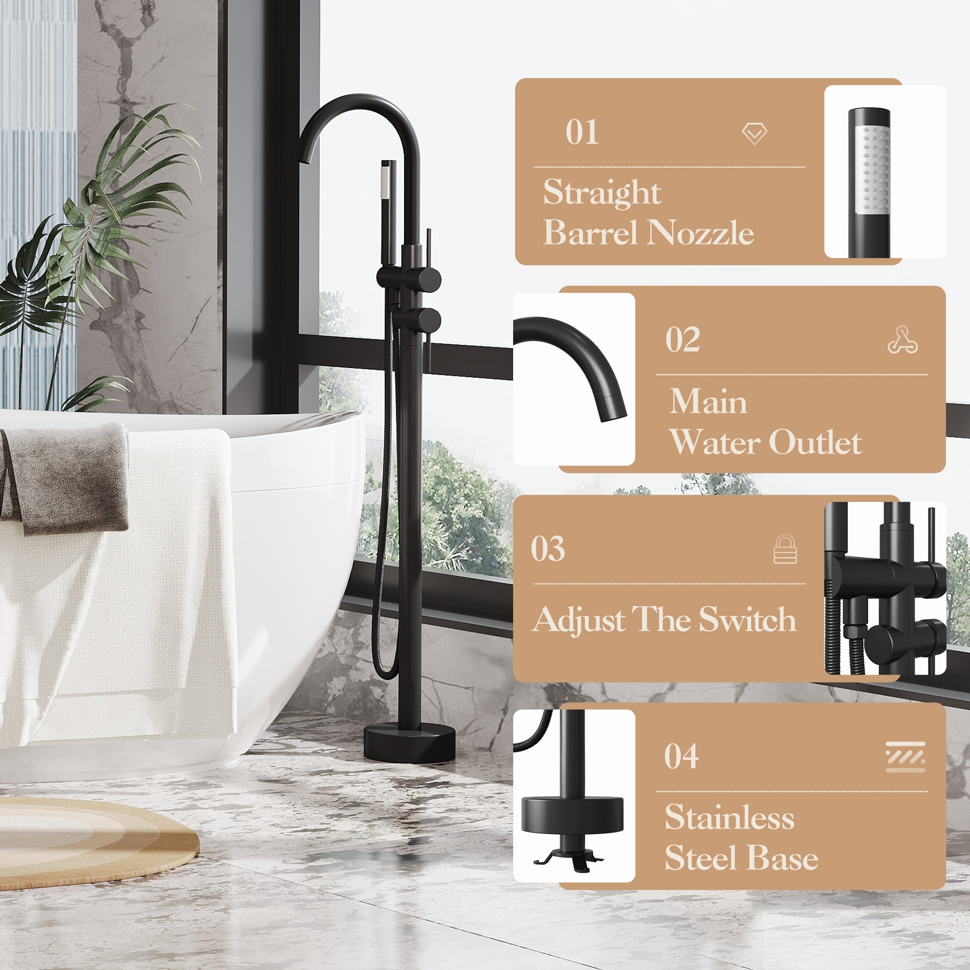 Bathtub Faucet, Floor Mount Bathtub Faucet Freestanding Tub Faucet Standing Bathtub Filler, High-Flow Bath Shower Faucet with Handheld Sprinkler