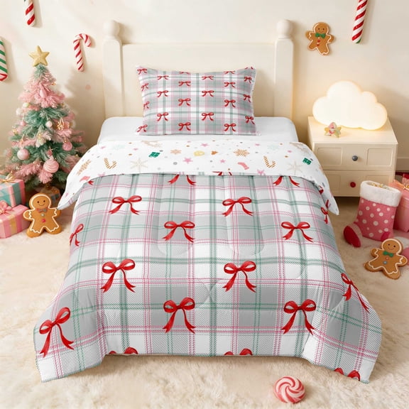 Manfei Bow Twin Comforter Sets Christmas Bedding Set, Blue Silver 2 Pieces 1 Comforter and 1 Pillowcase, Xmas Reversible