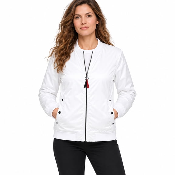 Smawell Women's Bomber Jacket, Lightweight Zip Up Casual Jacket with Ribbed Cuffs and Side Pockets for Everyday Streetwear