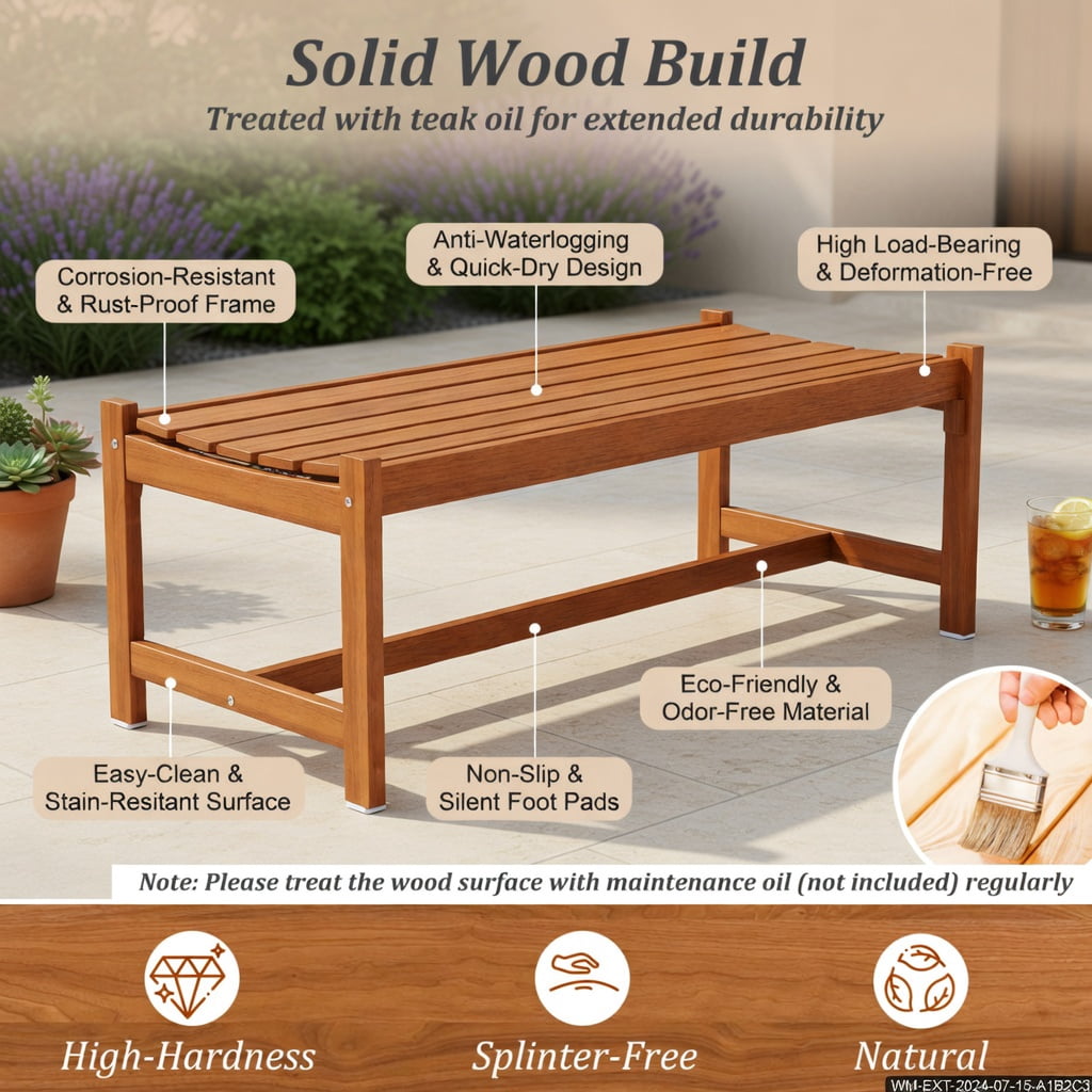 Hommoo 44" Outdoor Hardwood Patio Bench Set of 2, Teak Oil Finished Solid Teak-Look Dining Benches for Garden, Deck & Entryway, Ergonomic Slatted Design, Natural