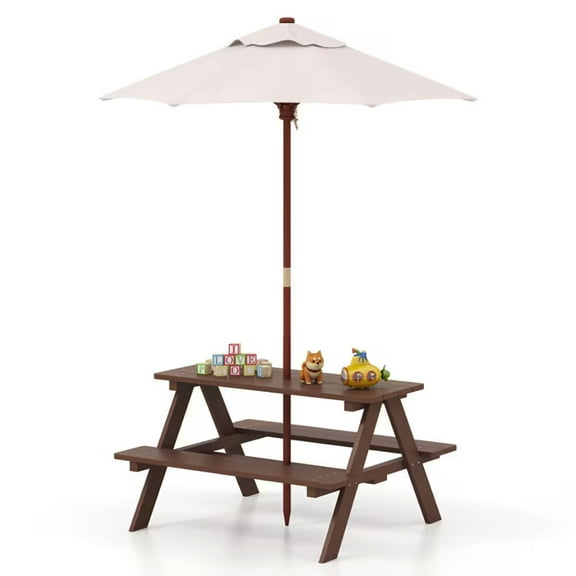 WEGFTDUOP Kids Picnic Table Bench Set with Removable Umbrella & Cushions, 4-Seat Outdoor Wooden Toddler Furniture for Garden Patio Boys Girls Age 3 
