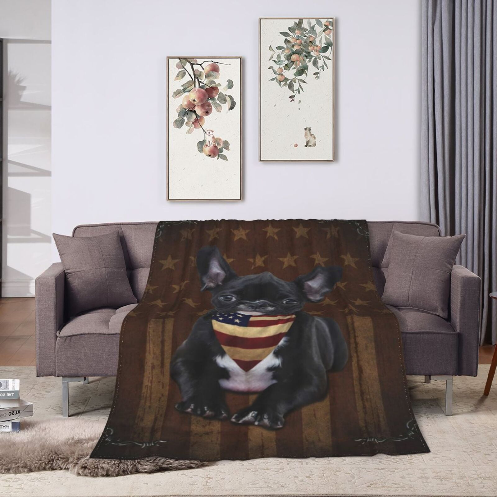 Wijzvio French Bulldog Dog With Vintage American Flag Throw Blanket Soft Fuzzy Fleece Blanket For Couch Bed Living Room Decoration 50"X40"
