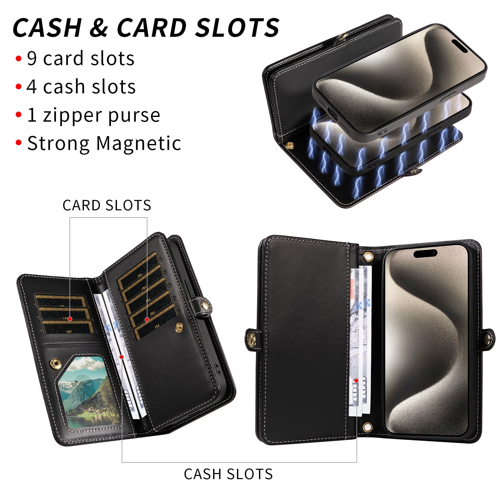 Asuwish Phone Case for iPhone 15 Pro 6.1 inch Zipper Wallet Detachable Cell Cover with Tempered Glass Screen Protector Crossbody Lanyard Strap Bling Glitter Flip Card Holder Slot i15Pro Women Black