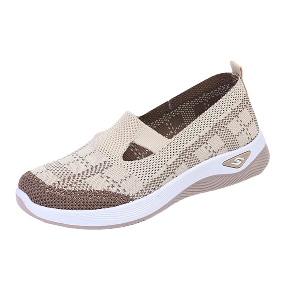 Gpaecead Women's Knit Flats Breathable Mesh Hollow Slip On Soft Sole Lightweight Comfortable Casual Walking Shoes For Daily Khaki