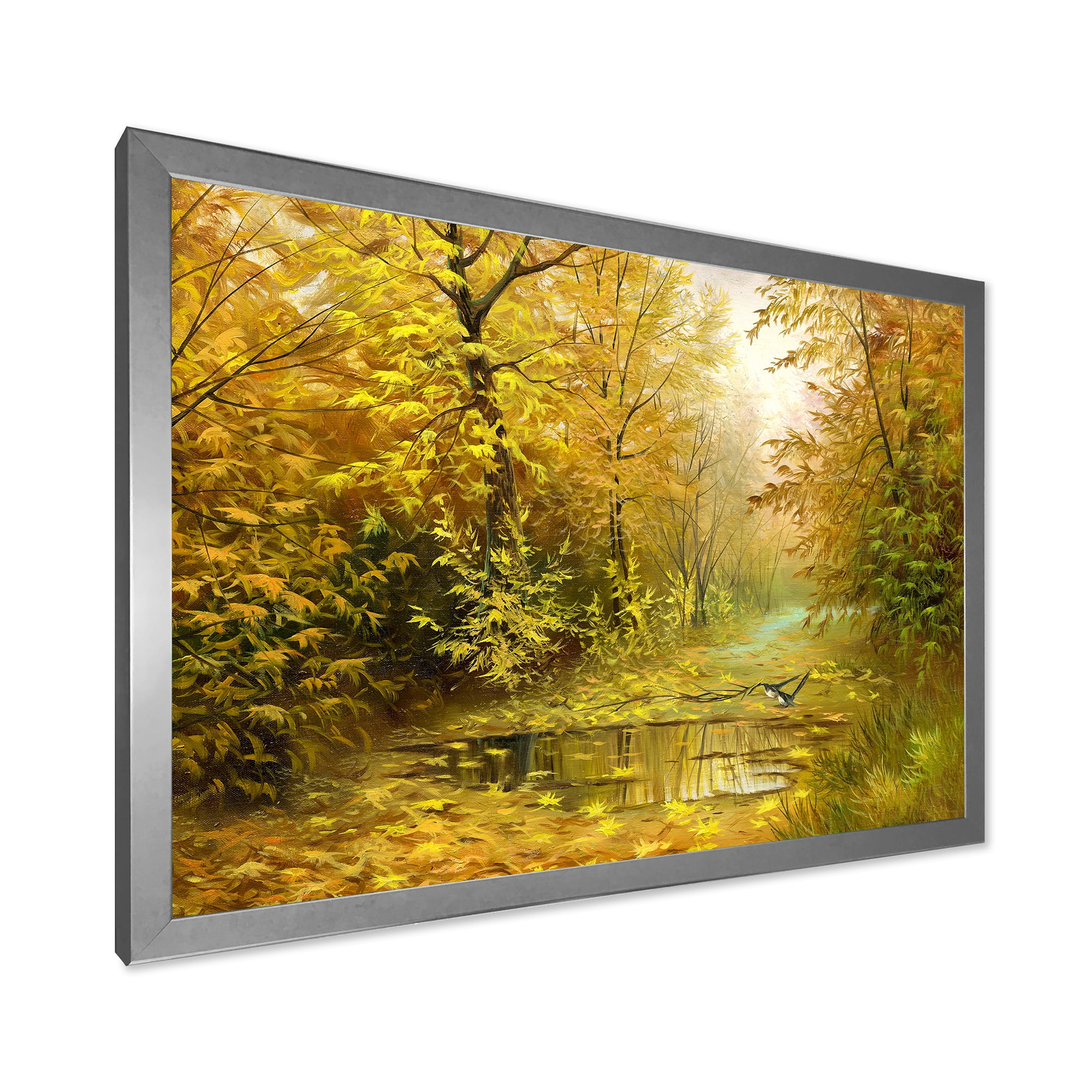 Designart 'Rain Water On Road In Yellow Woodlands' Country Framed Art Print