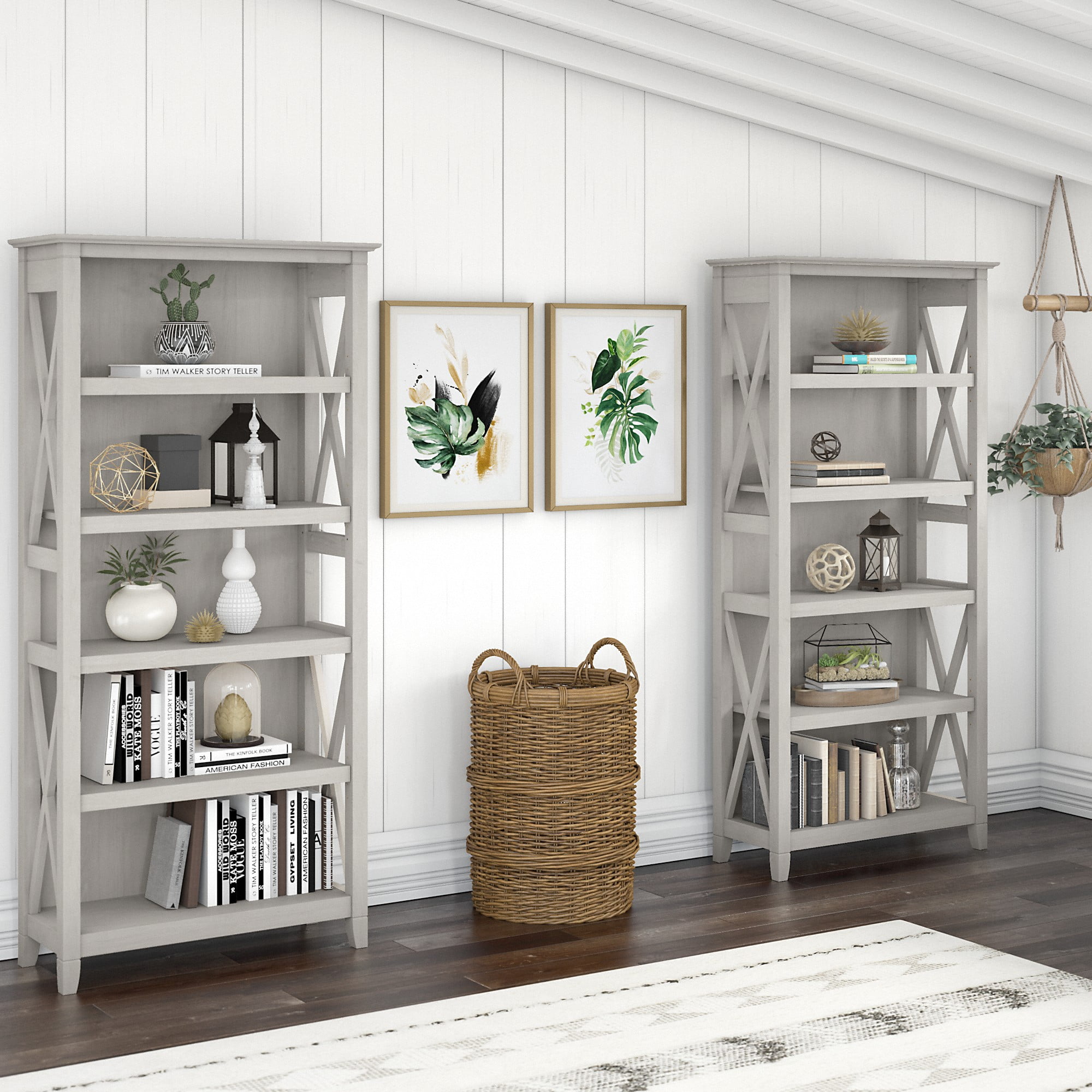 Bush Furniture Key West Tall 5 Shelf Bookcase, Set of 2, Linen White Oak