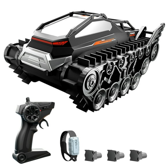 Débardeur Amphibie Télécommandé 2,4 g avec 3 Batteries Rechargeables - Véhicule Blindé Tout-Terrain en ABS avec Montre et Doubles Manettes Portatives, Portée de 40 m, Autonomie de 18 Min, Fonctions de Cascades : Wheelie,