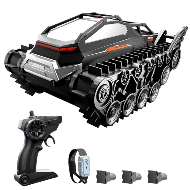 Amphibious 2.4G Remote Control Tank with 3 Rechargeable Batteries - ABS All-Terrain Armored Vehicle with Watch & Handheld Dual Controllers, 40m Range, 18min Playtime, Stunt Functions: Wheelie,
