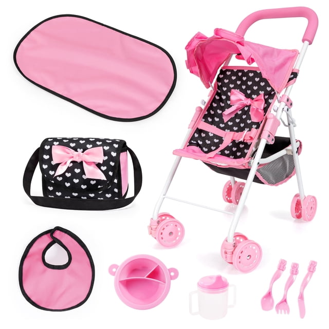 Set de cochecito para muñecas Bayer negro y rosa con corazones y accesorios
