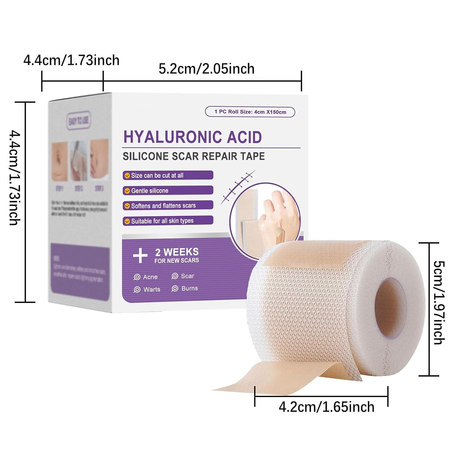 Hyaluronic Acid Nano Repair Tape, Silicone Scar Tape for Face Wrinkles, Hyaluronic Acid Tape for Scars, Scar Tape for All Skin Types, 1.6''×60 IN Roll-1.5M (6PCS)