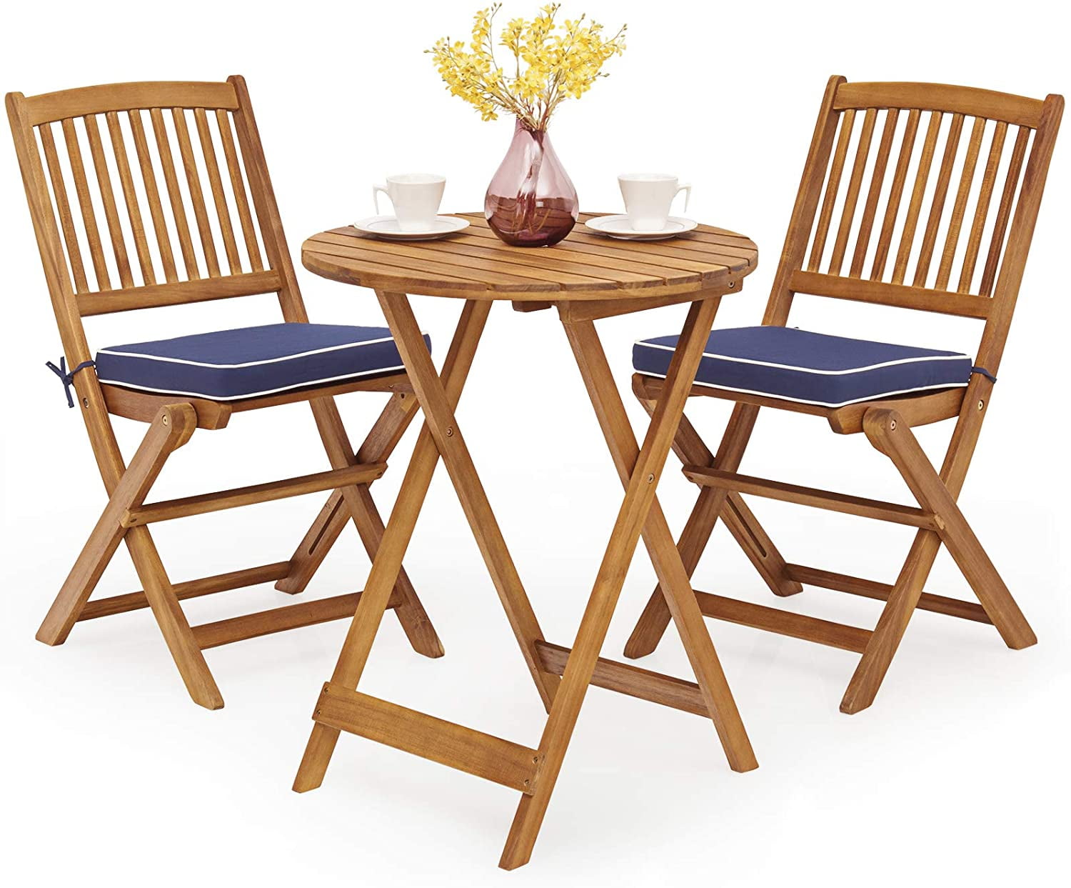 3 PCS Patio Folding Bistro Set, Outdoor Acacia Wood Chair and Table Set