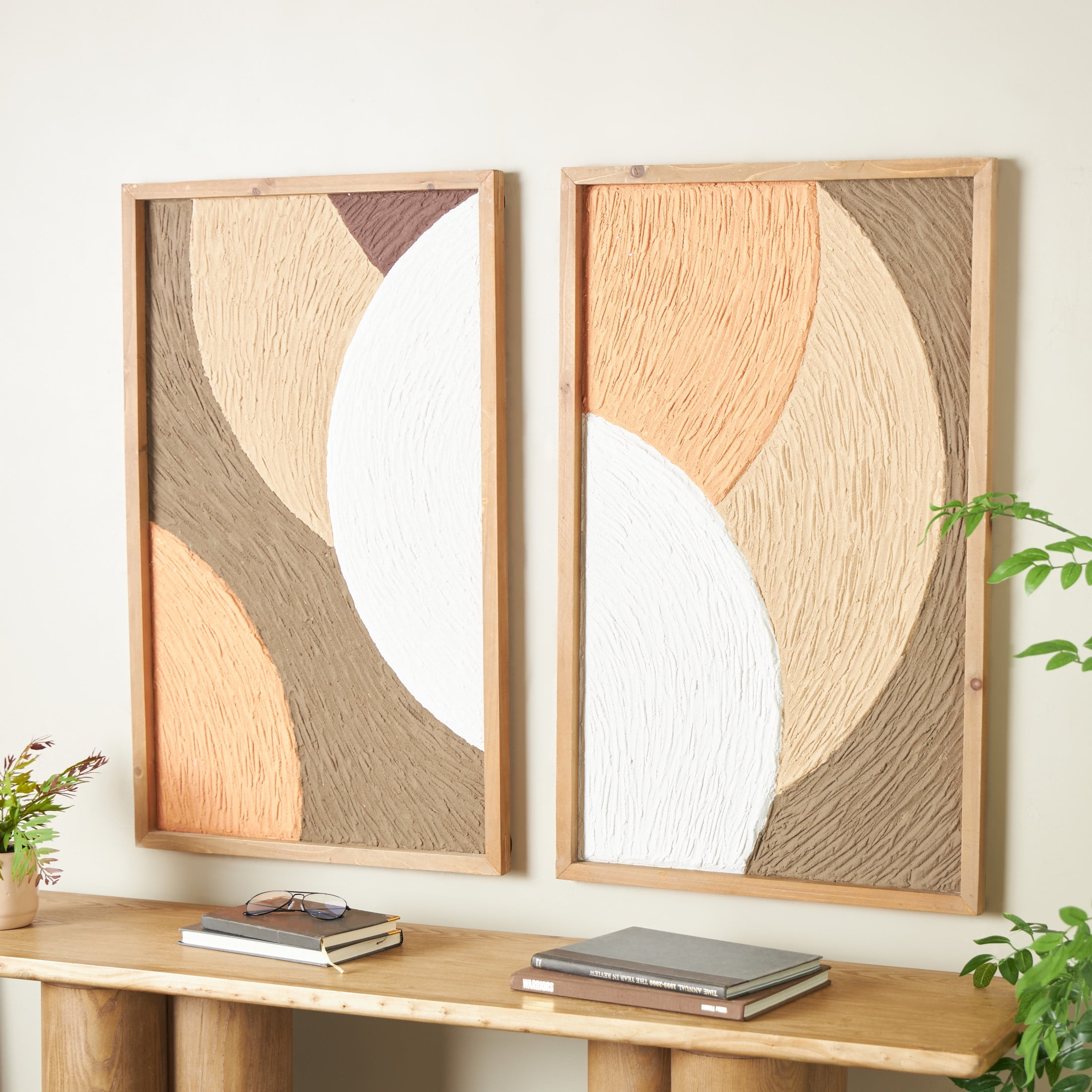 DecMode Brown Wood Overlapping Circles Geometric Wall Decor with Orange and White Accents (2 Count)