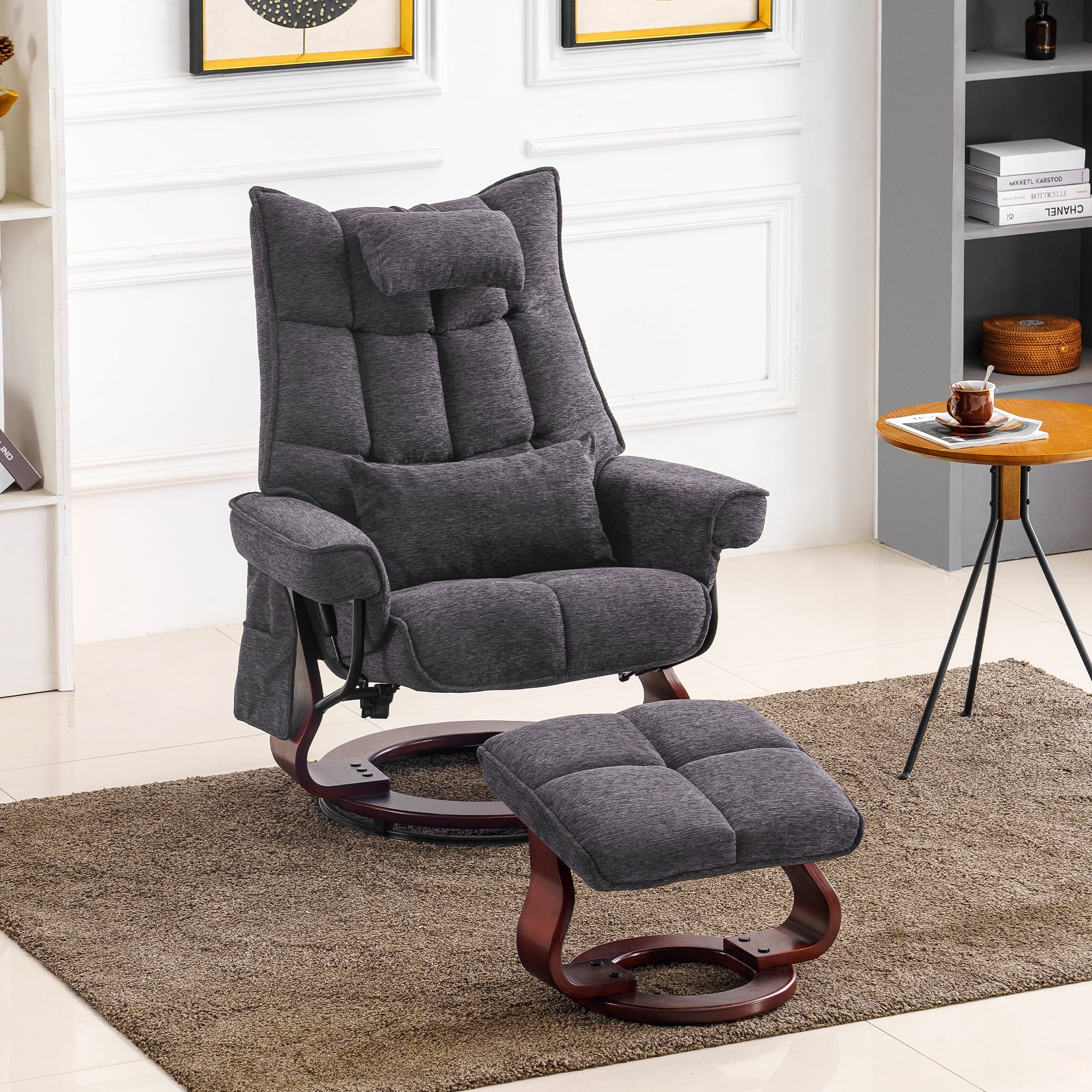 Mcombo Swivel Recliner with Ottoman, Massage TV Chairs with Neck Pillow and Side Pocket for Living Reading Room, Chenille Fabric 4188